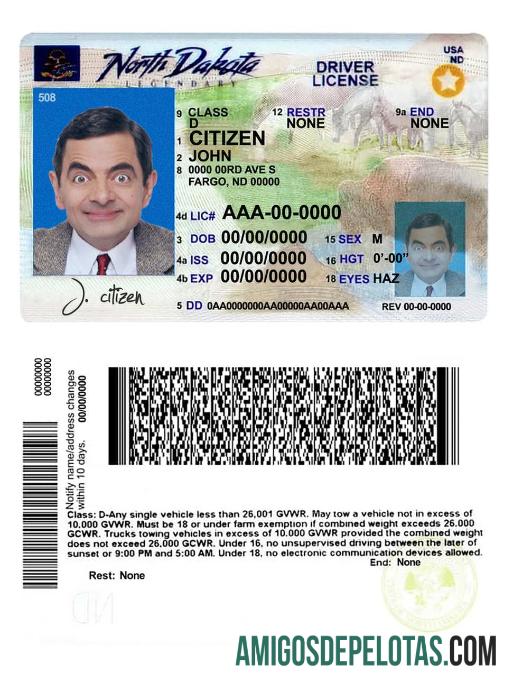 Carteira de habilitação dos EUA em Dakota do Norte 2020 - presente amostra